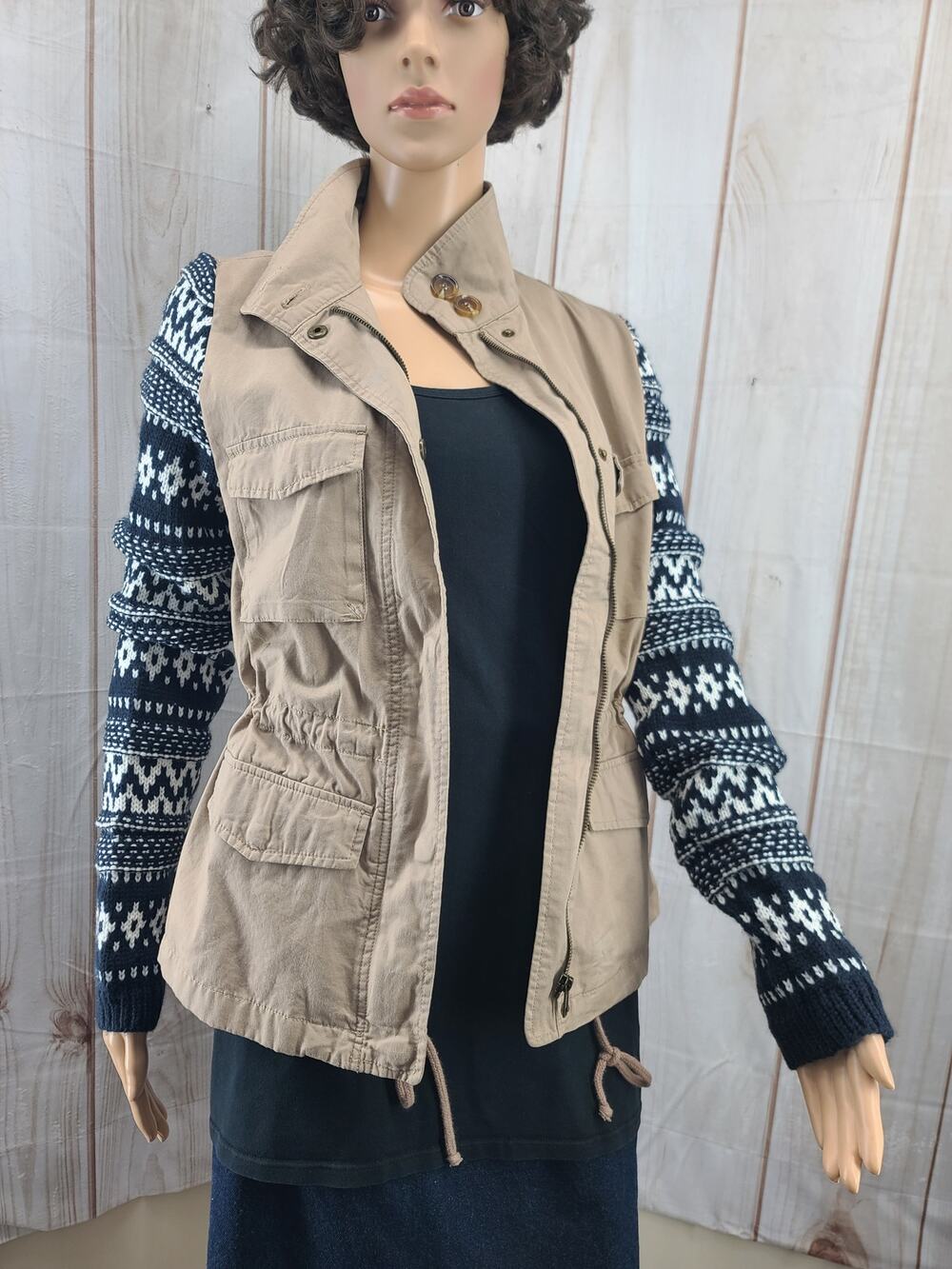 Love Tree Women S Utility Cargo Sweater Sleeve Vest Jacket Khaki/tan 100% Cotton